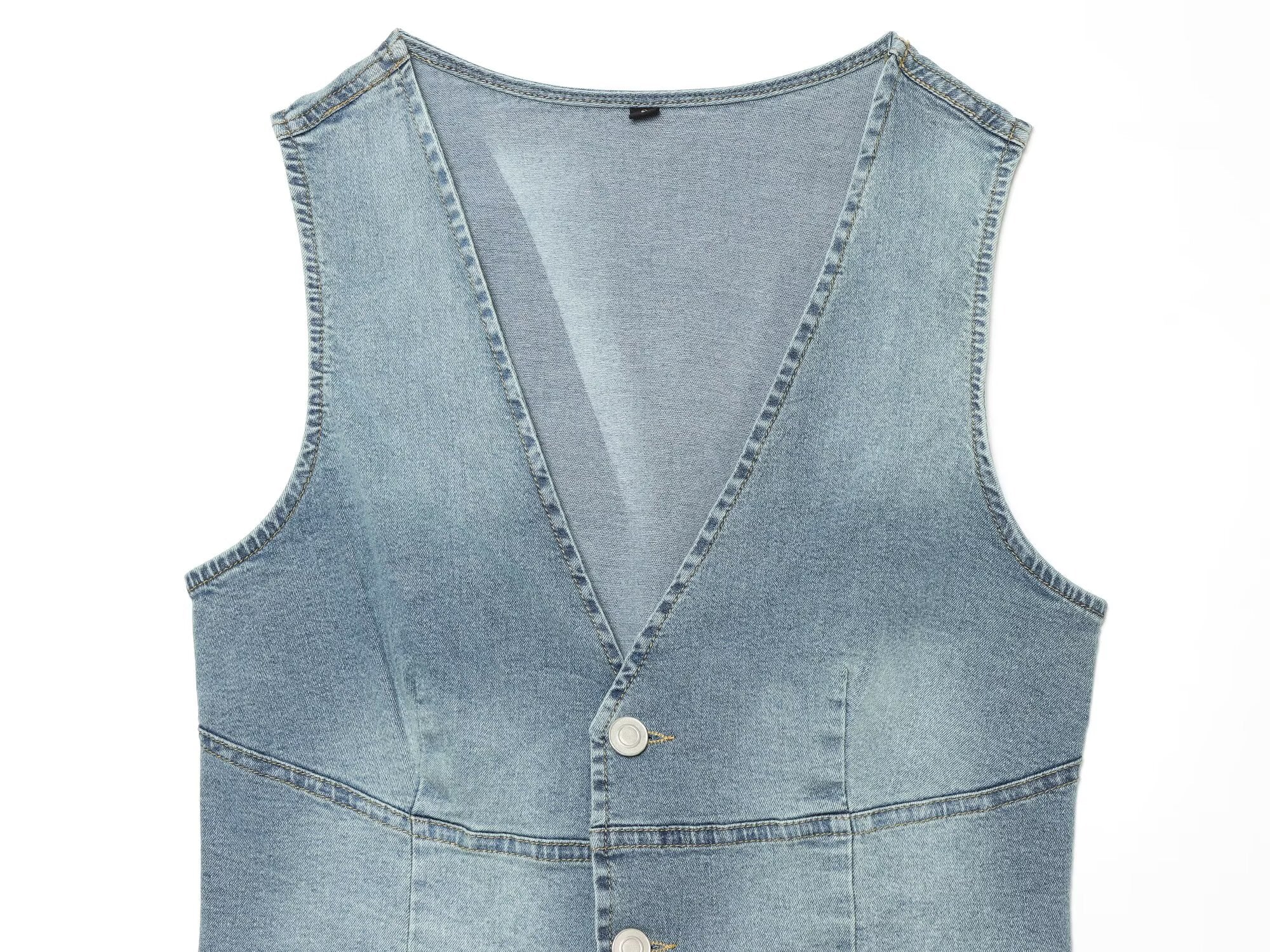 Women Clothing Denim Slim Vest Top with Belt Ripped Denim