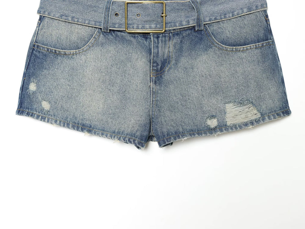 Women Clothing Denim Slim Vest Top with Belt Ripped Denim