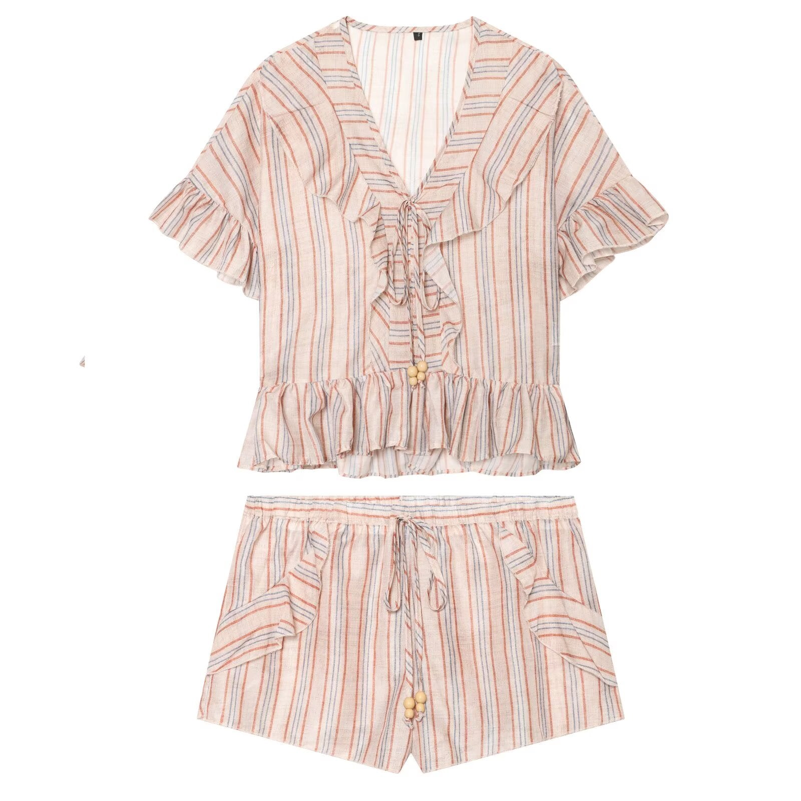 Women Clothing at Short Sleeve V neck Striped Laminated