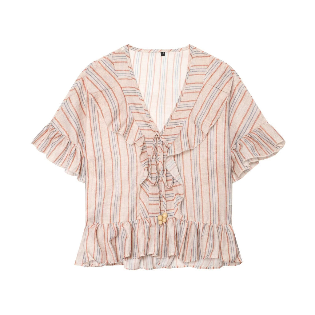 Women Clothing at Short Sleeve V neck Striped Laminated