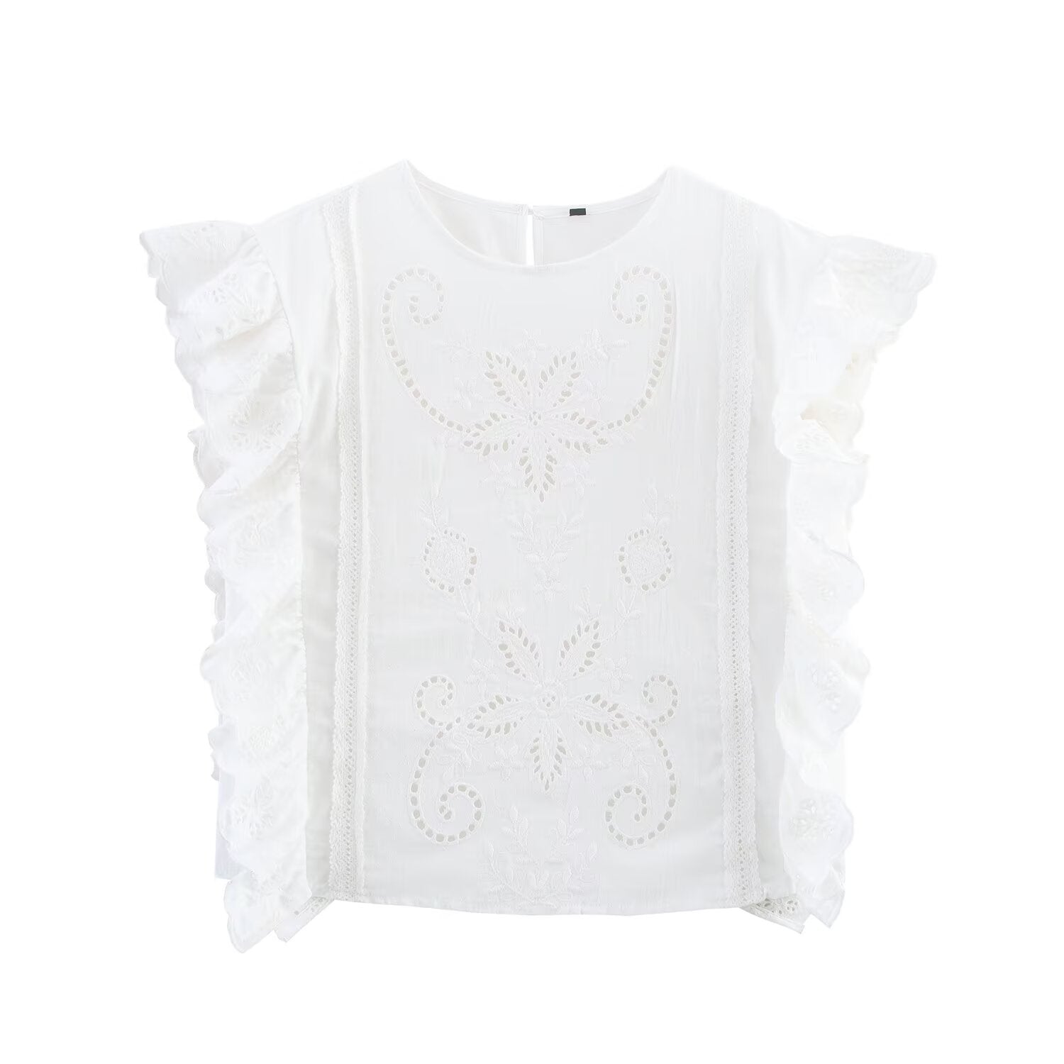 Women Clothing Summer French Ruffled Embroidered SL Top