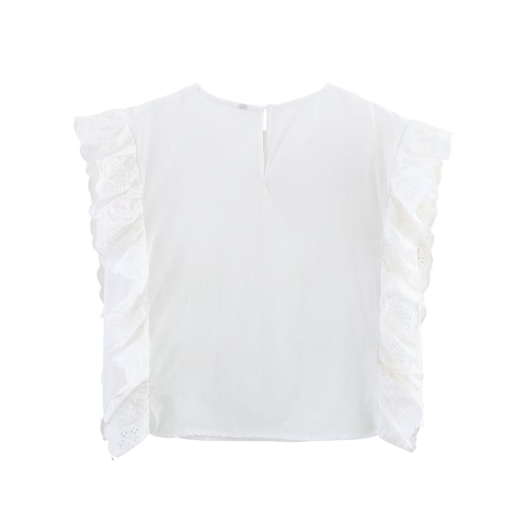 Women Clothing Summer French Ruffled Embroidered SL Top