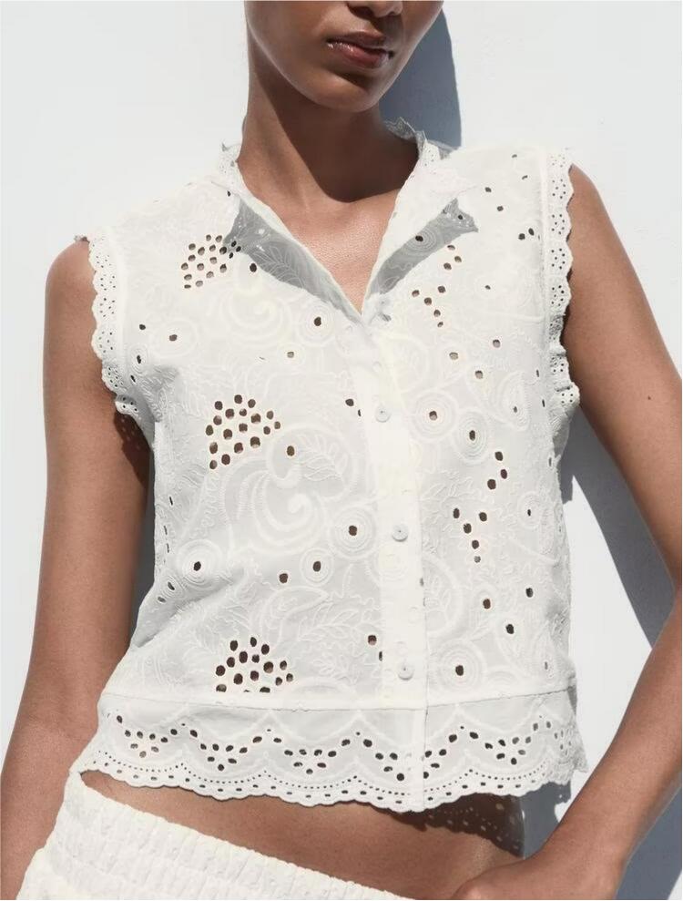 Women Casual SL round Neck Hollow Out CO Embroidered Top