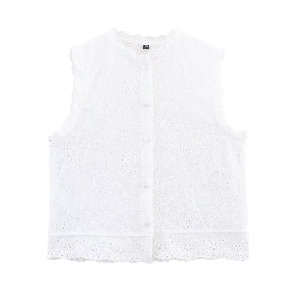 Women Casual SL round Neck Hollow Out CO Embroidered Top