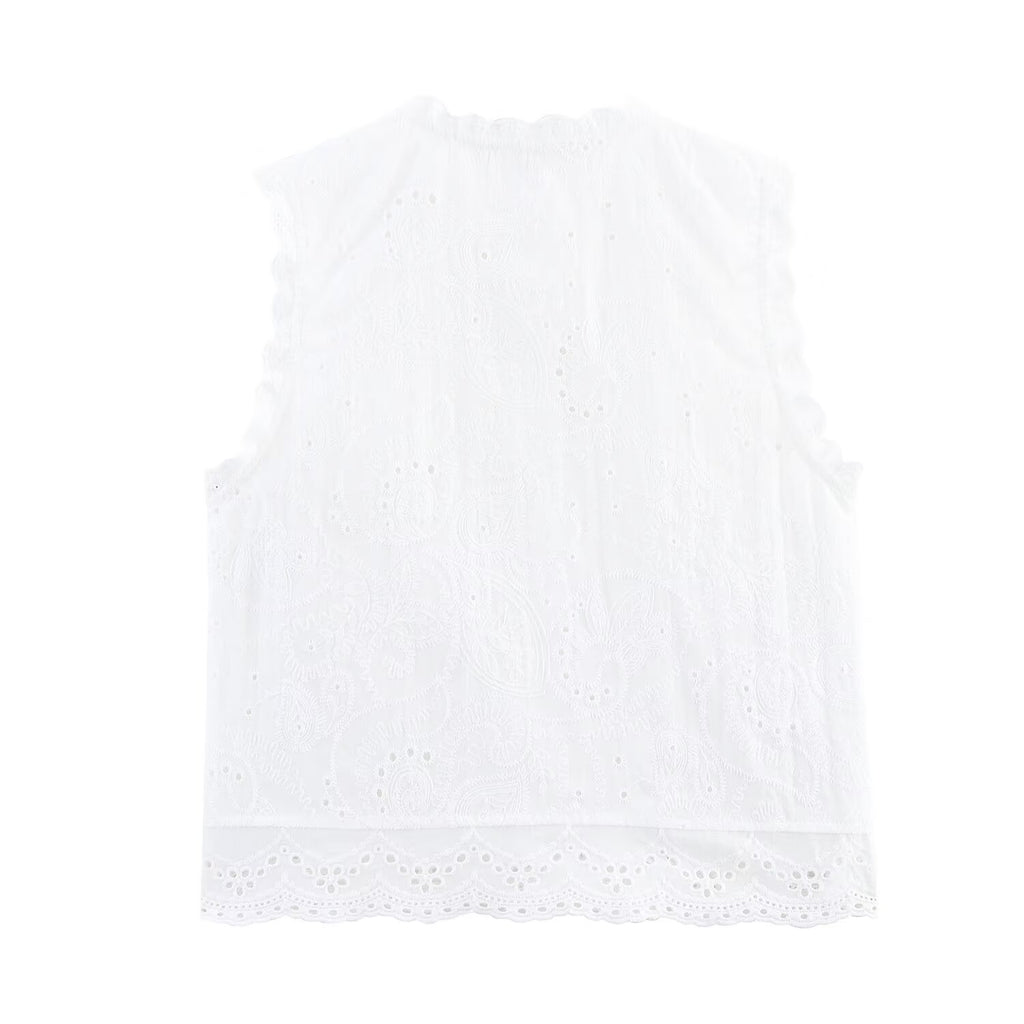 Women Casual SL round Neck Hollow Out CO Embroidered Top