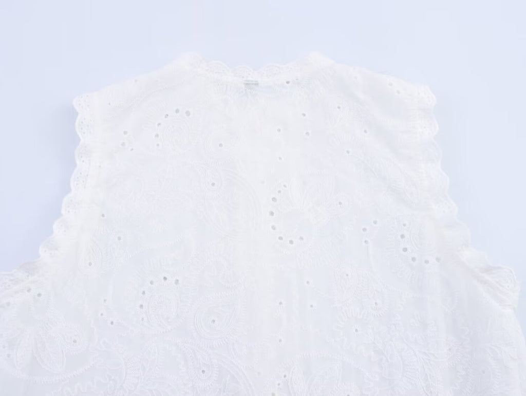 Women Casual SL round Neck Hollow Out CO Embroidered Top