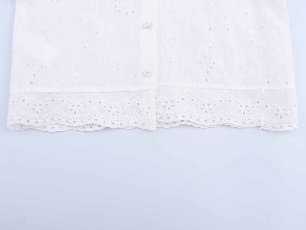 Women Casual SL round Neck Hollow Out CO Embroidered Top