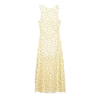 Yellow sleeveless polka-dot midi dress, front view, round neckline
