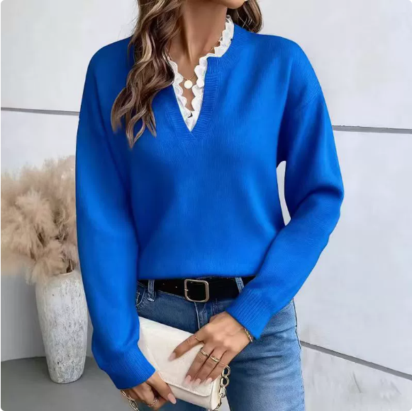 Autumn Winter Lace V neck Sweater Solid Color Loose Long
