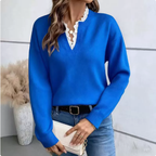 Autumn Winter Lace V neck Sweater Solid Color Loose Long