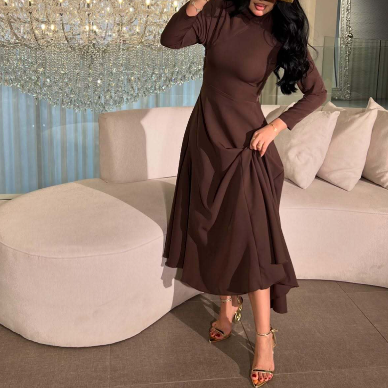 Coffee brown pleated long-sleeve midi dress with fitted bodice