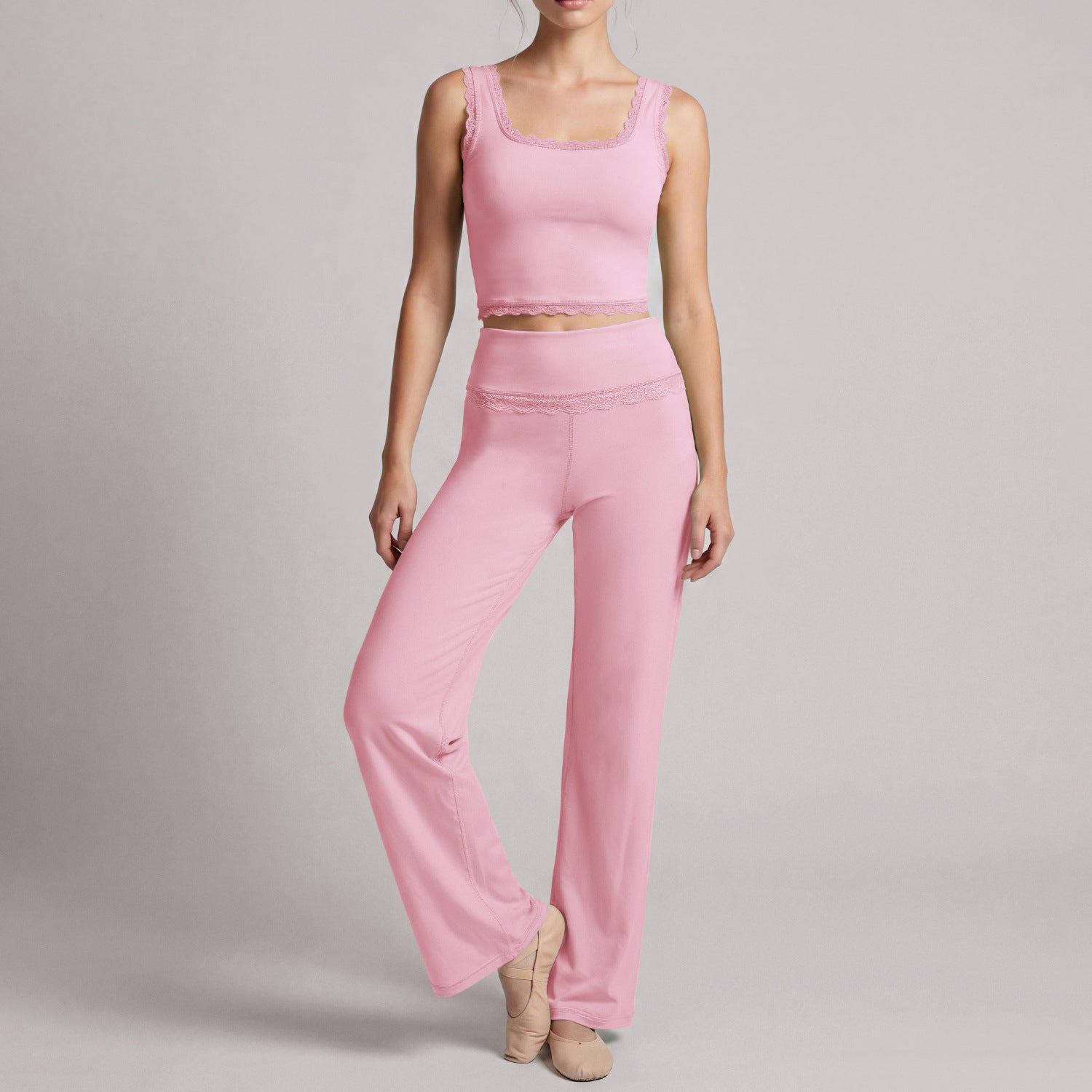 Yoga Wear High Grade Lace Stitching Sports Vest Dance Training Straight Wide Leg Pants Two Piece Set