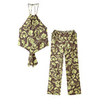 Women's Beaded Print Hanging Collar Top Split Printed Pants Sets