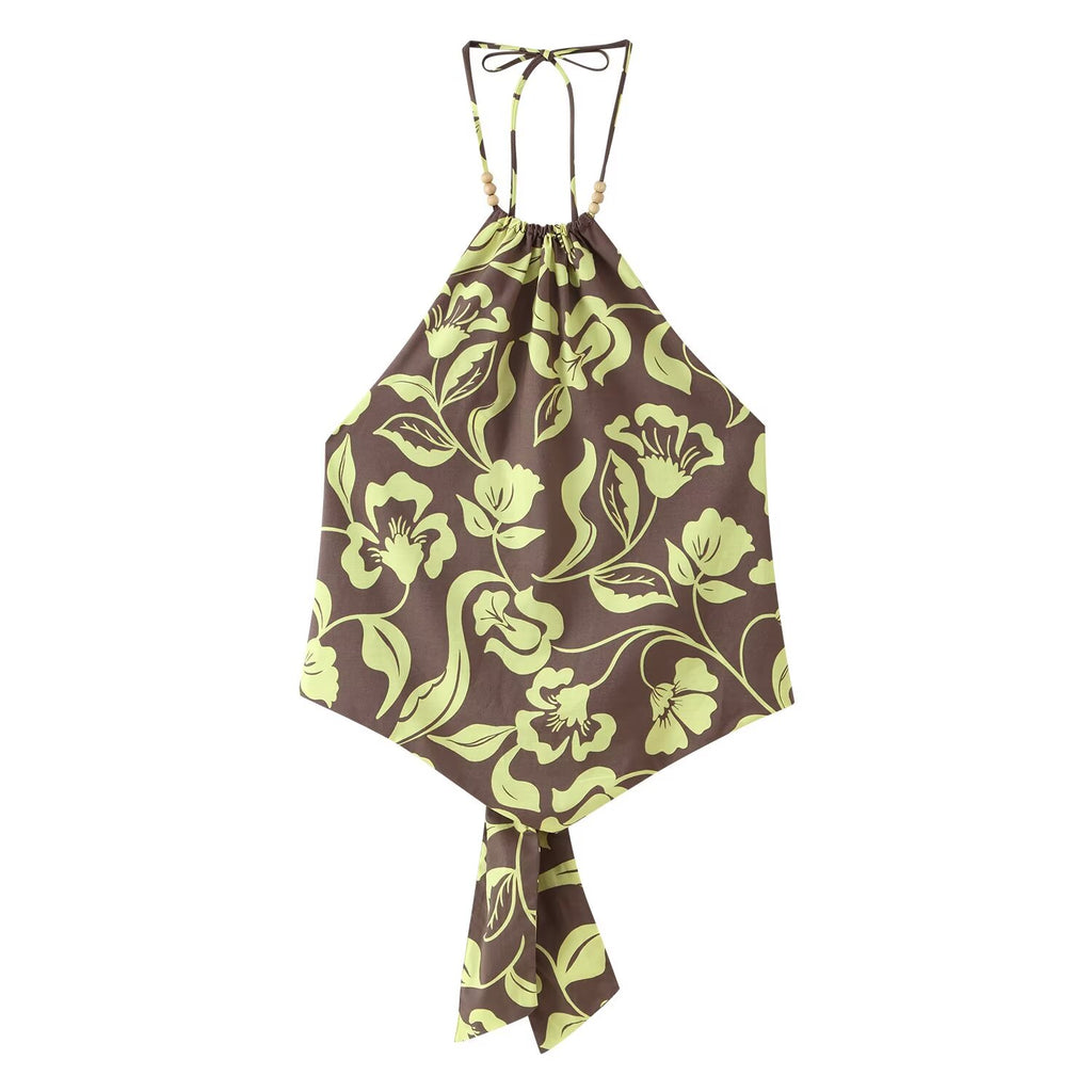Women's Beaded Print Hanging Collar Top Split Printed Pants Sets