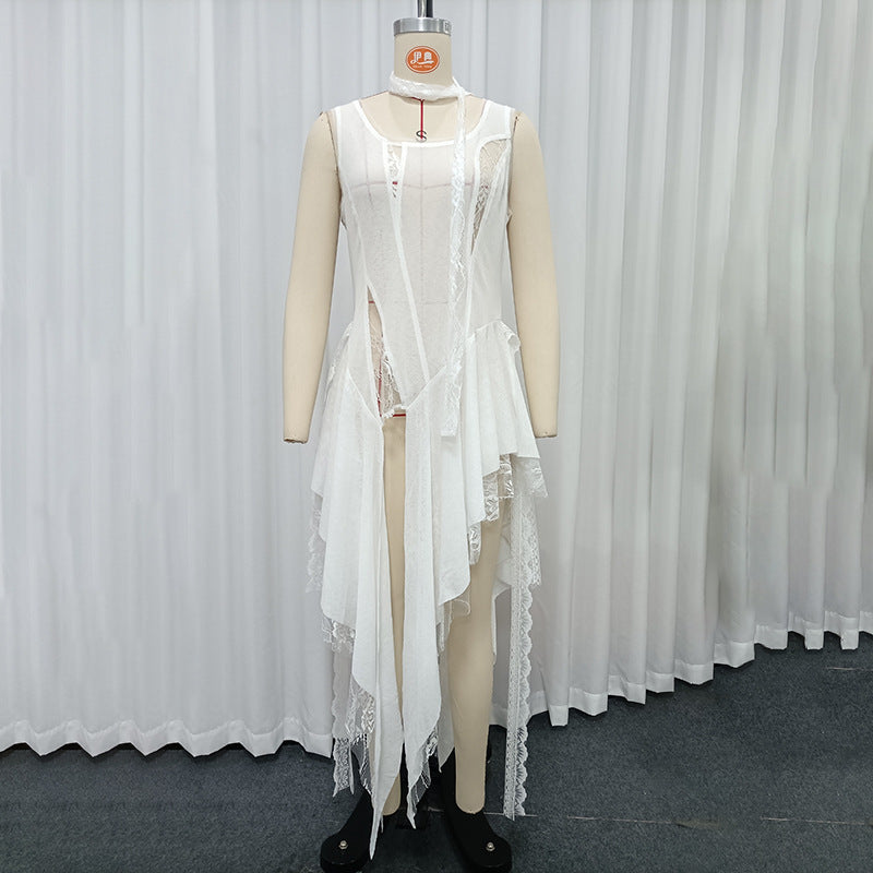 's Lace Stitching Vest Lightly Mature Scarf Ribbon Top