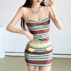 Spring Summer Women Striped Contrast Color Camisole High Waist Sheath Skirt Set
