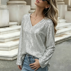 Women's Shiny Silver Paillette Top V Neck Lantern Sleeve Loose Slimming Party Atmosphere Shirt