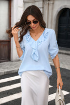 Early Autumn Solid Color V neck Ruffled Loose Long Sleeve Top Ladies