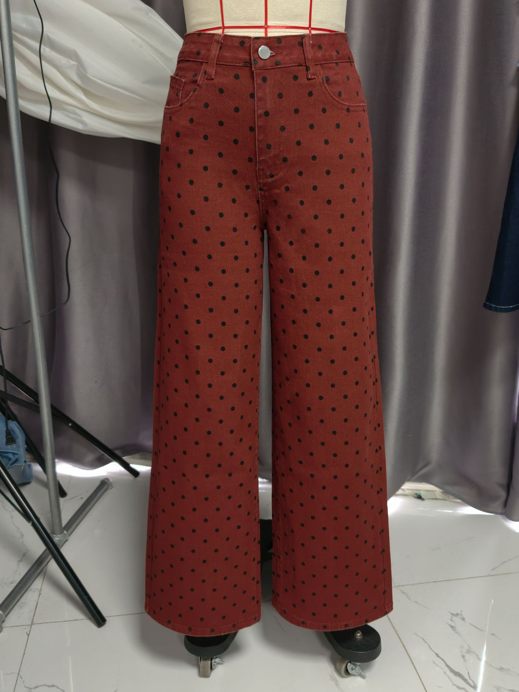Spring Summer Polka Dot HW WL Jeans Women Washed Loose
