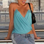 Women's Clothing Popular V Neck Sling Vest Pleated Short Top