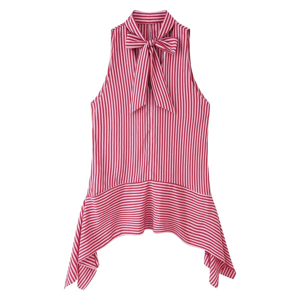 Women Clothing Summer Hem Bow Decoration V neck Striped Top