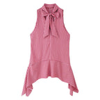 Women Clothing Summer Hem Bow Decoration V neck Striped Top