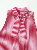 Women Clothing Summer Hem Bow Decoration V neck Striped Top