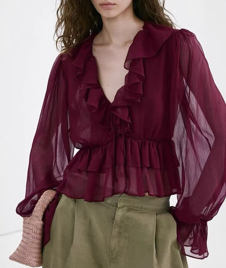 Women's Women Clothing Summer Fashionable French Micro Transparent Ruffled V Neck Shirt Top