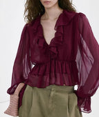Women's Women Clothing Summer Fashionable French Micro Transparent Ruffled V Neck Shirt Top