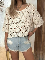 Women’s white openwork crochet sweater, round neck, short hem, 3/4 sleeves
