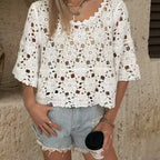 Women’s white openwork knit sweater, round neck, elbow sleeves
