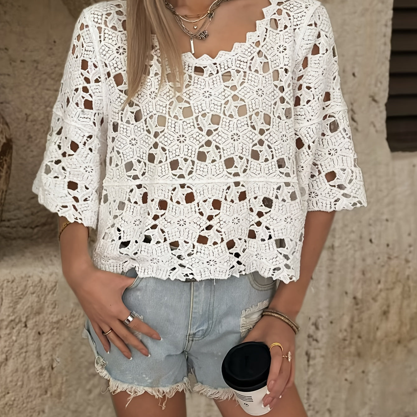 Women’s white openwork knit sweater, round neck, elbow sleeves