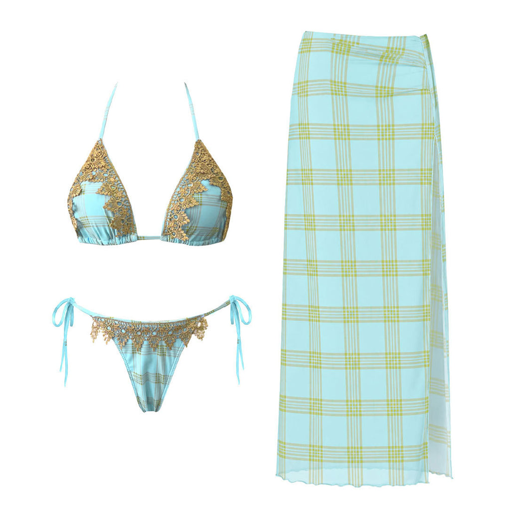 Plaid one-piece swimsuit with light blue skirt, gold-trim triangle bikini top
