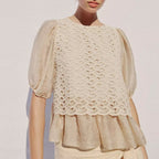 Women Clothing Summer Hollow Out Cutout Crochet Stitching Design Chic Short Sleeve Top