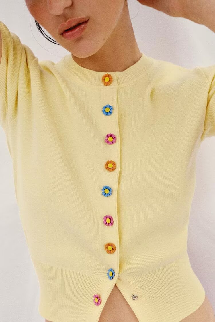 Women Summer All Matching Short Cardigan With A Colorful Floral Buckle Design