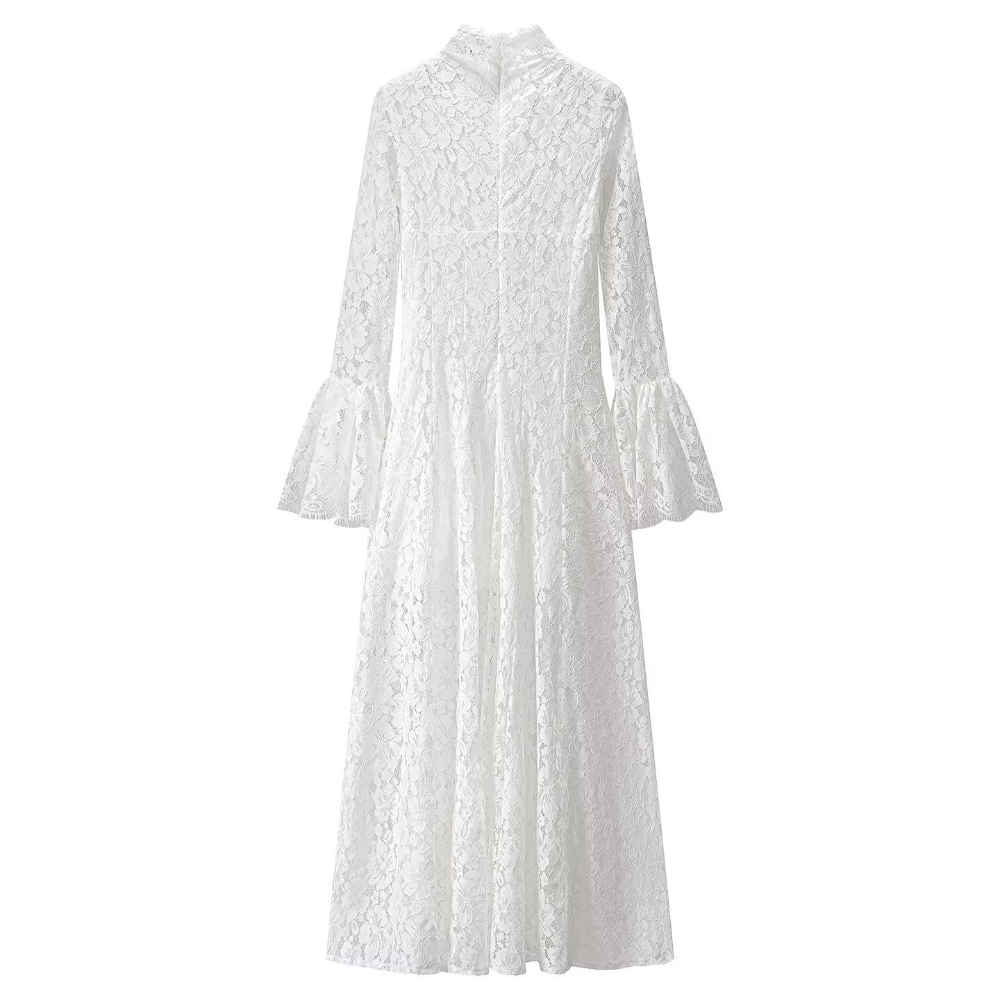 White lace maxi dress, high neckline and long sleeves with flared cuffs