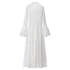White lace maxi dress with high neck, long sleeves, and bell cuffs