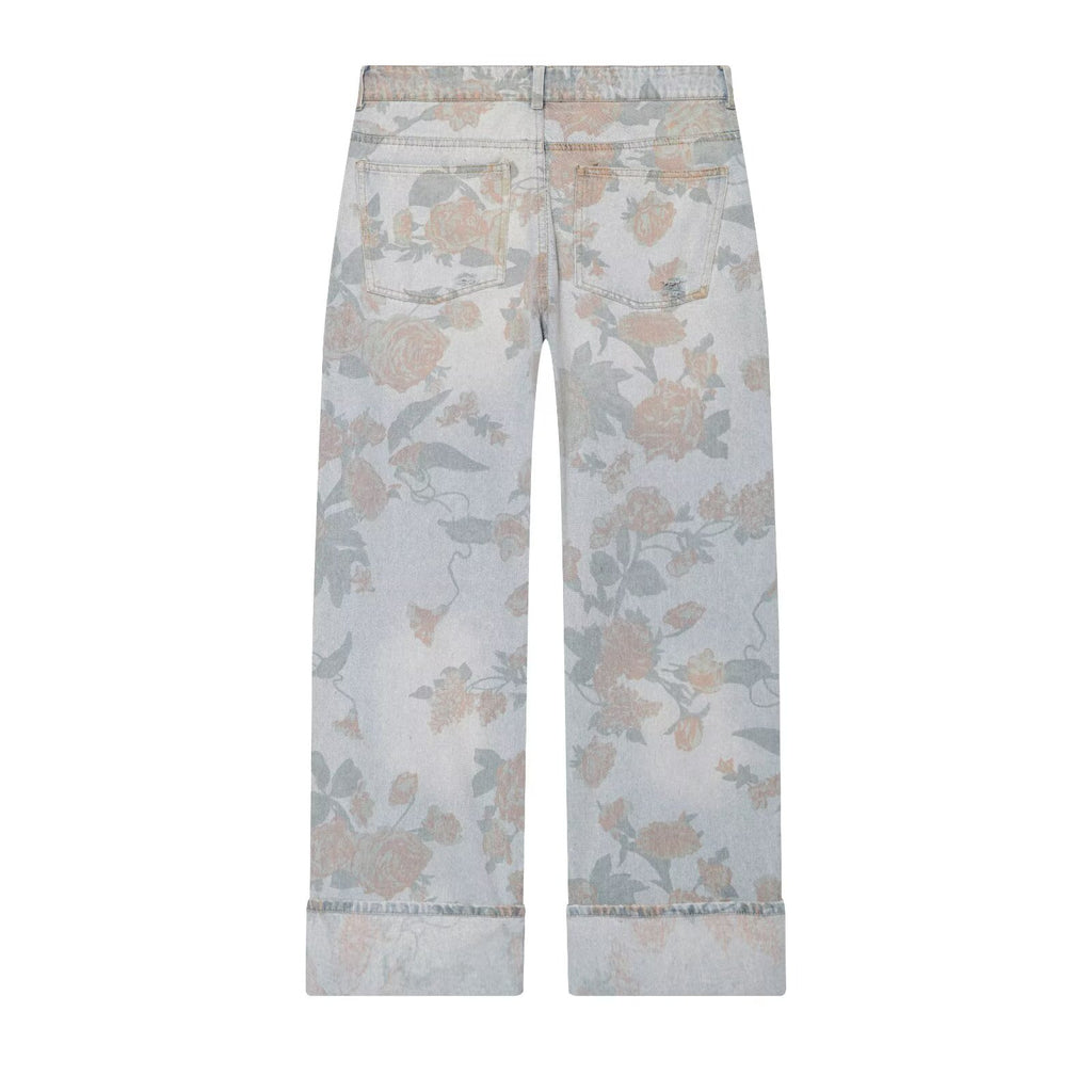 Women Clothing Printed Curling Low Waist Loose Jeans