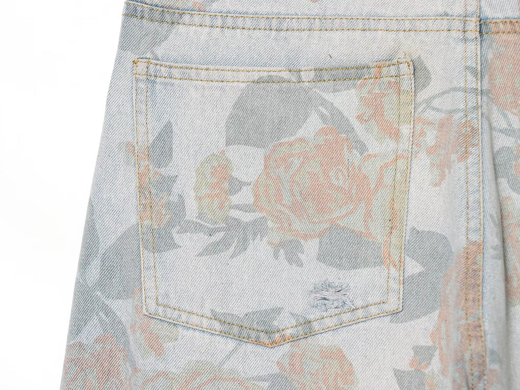 Women Clothing Printed Curling Low Waist Loose Jeans