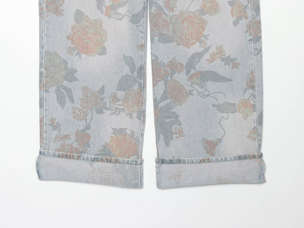 Women Clothing Printed Curling Low Waist Loose Jeans