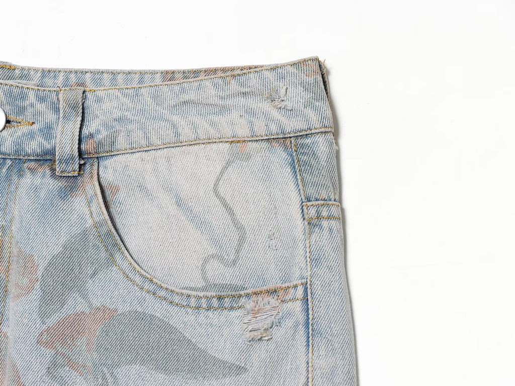 Women Clothing Printed Curling Low Waist Loose Jeans