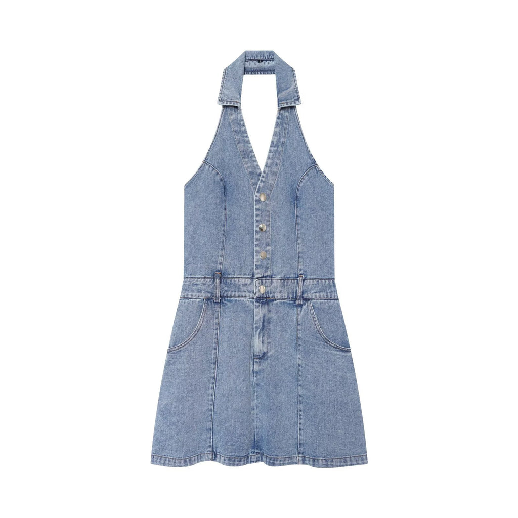 Blue denim halter mini dress with sleeveless cut and button placket