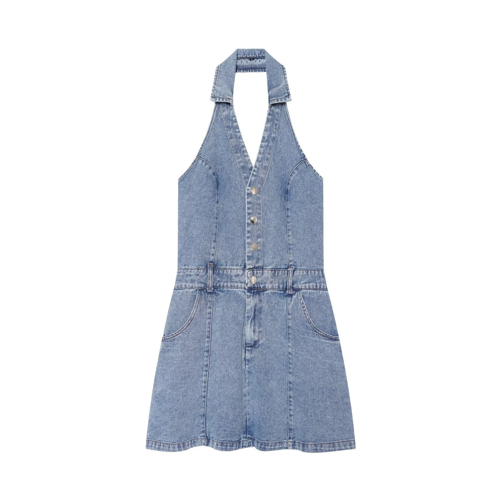 Blue denim halter mini dress with sleeveless cut and button placket