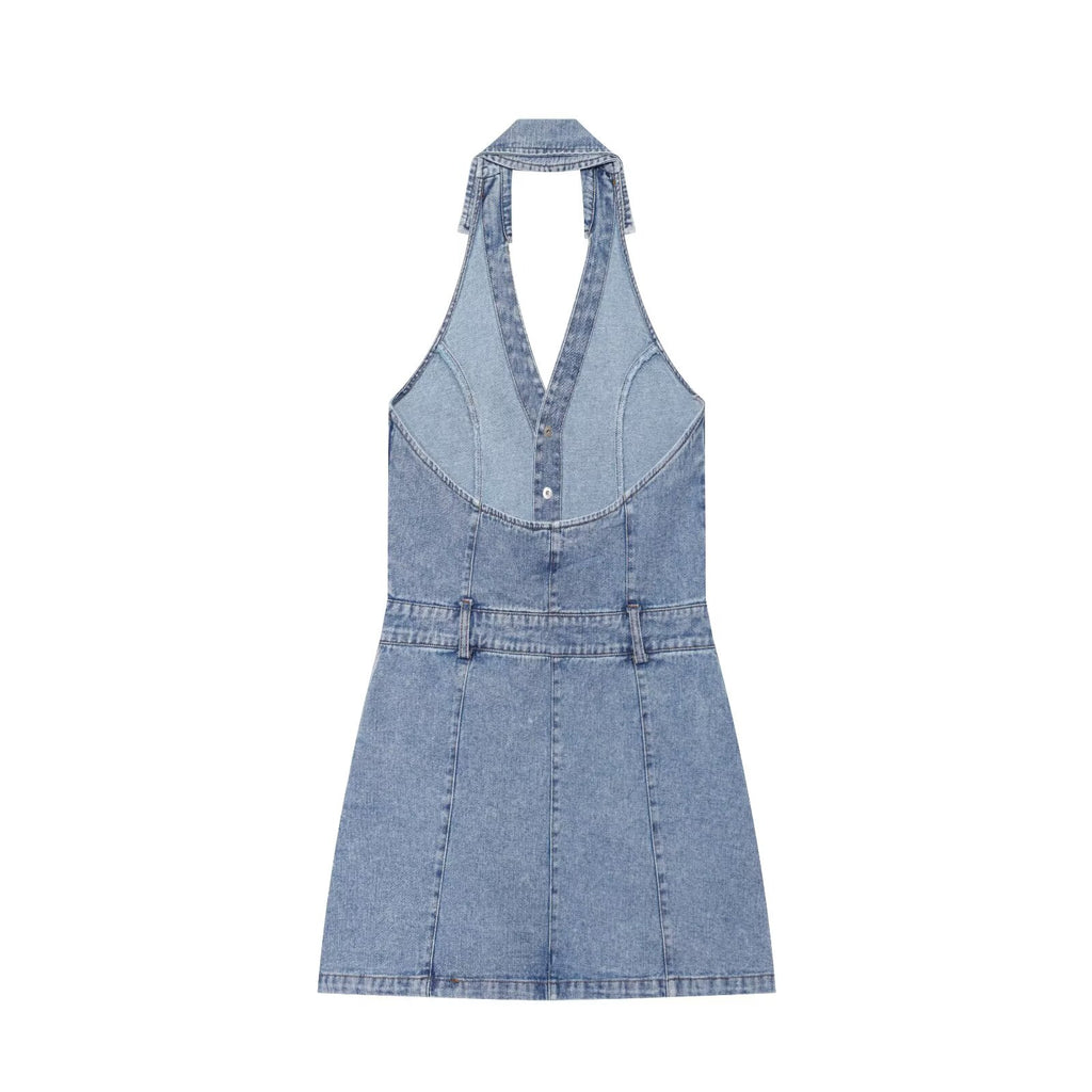 Blue denim halter mini dress with open back cut and button closure