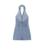 Blue denim halter mini dress with open back cut and button closure