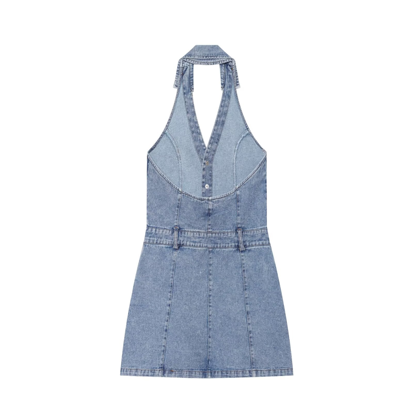 Blue denim halter mini dress with open back cut and button closure