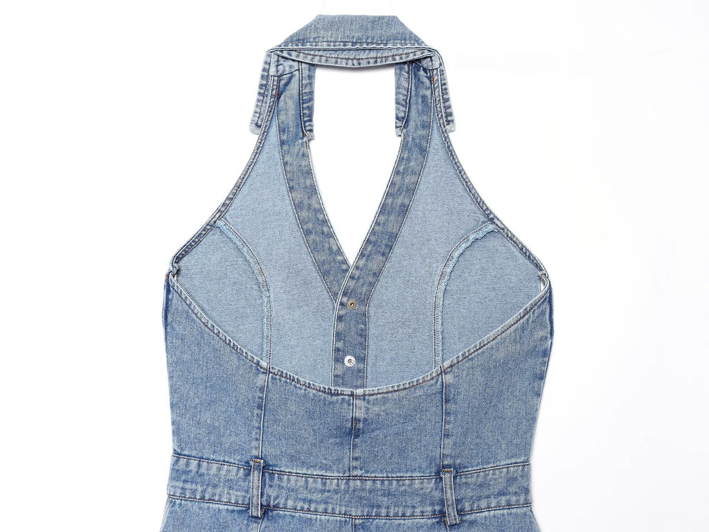 Blue denim halter mini dress back view with open neckline and button seam