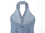 Blue denim halter mini dress back view with open neckline and button seam