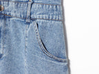 Blue denim mini dress waist with belt loops and stitched pocket detail