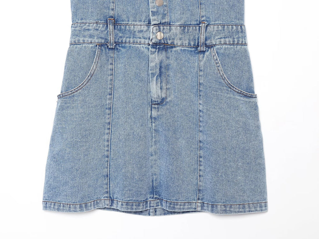 Blue denim mini skirt with front patch pockets and center button